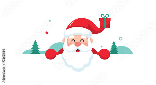 Jolly santa claus peeking over a white board with snow covered mountains and pine trees in the background winter scene.