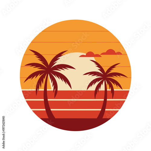 Retro tropical beach sunset with palm trees and ocean horizon in circular vector badge