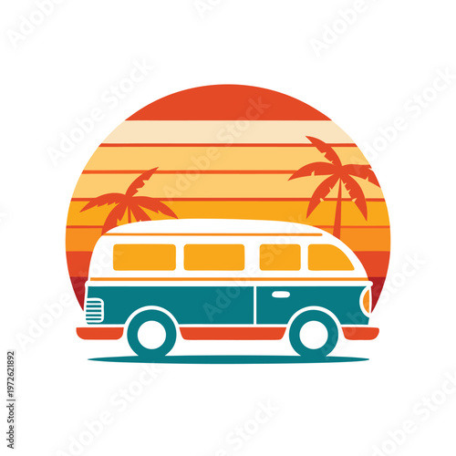 Vintage camper van travel illustration with palm trees and retro sunset stripes design