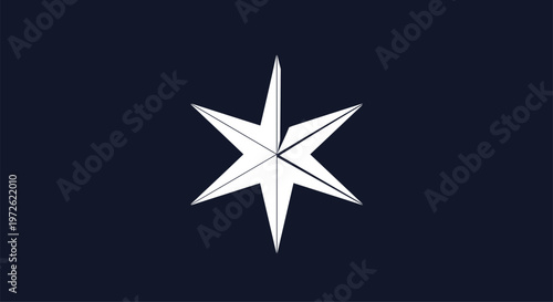 Symmetrical six pointed white star with shaded facets centered on a solid dark navy blue background for contrast and design.