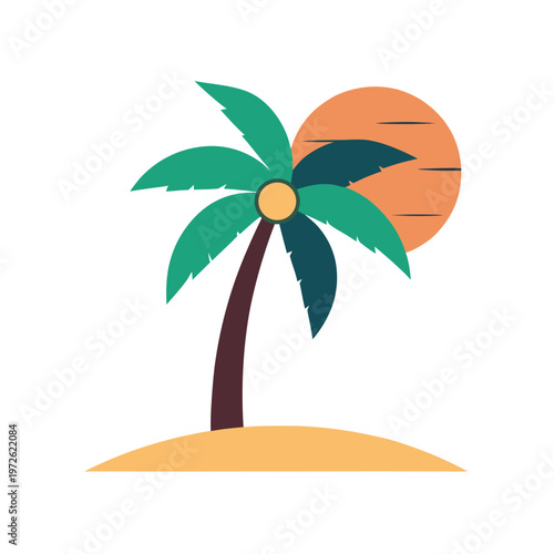 Tropical palm tree on sand island with sunset sky background in flat minimalist style