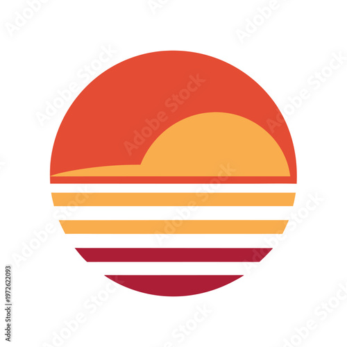 Retro sunset circle illustration with orange and red horizontal stripes and desert dunes