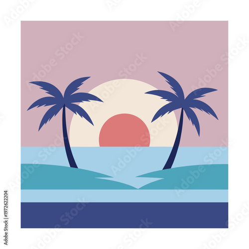 Tropical sunset with palm trees, serene ocean view, flat design illustration
