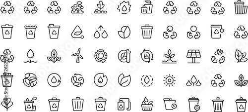 Eco friendly icons, sustainable living symbols, green lifestyle illustrations, 40 line icons