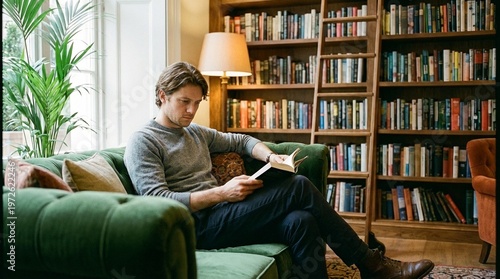 Young man reading book in cozy home library