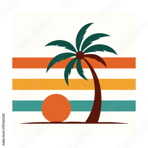 Tropical beach with palm tree and sunset, horizontal stripes, summer vacation