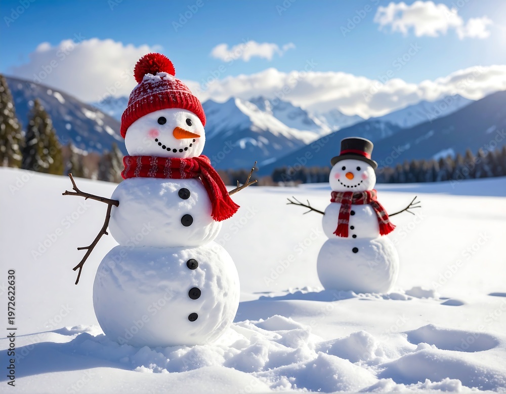 Obraz premium Two snowmen in a snowy field, one with a red hat and scarf, mountains in the background