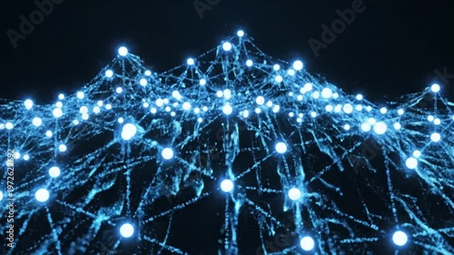 Abstract glowing digital network forming a futuristic landscape of interconnected data points, symbolizing advanced technology, artificial intelligence, and global communication infrastructure