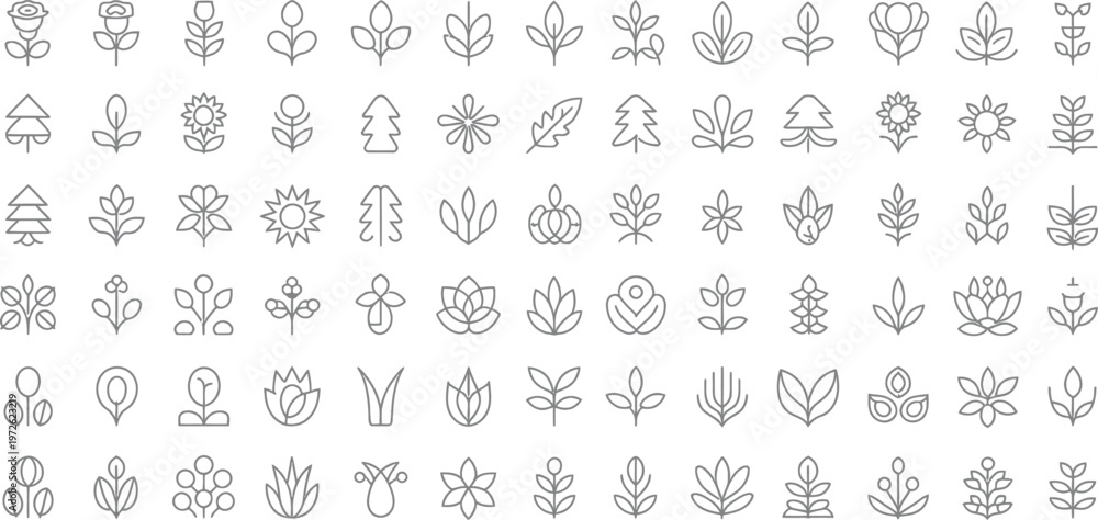 Obraz premium Botanical icons, plant symbols, floral illustrations, 40 line art designs