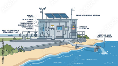 Diagram illustrating a marine monitoring station for tracking brine discharge from a desalination plant into the ocean.
