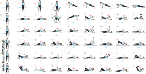 Full body workout exercise guide with step by step positions, fitness routine set for strength training, home gym instruction vector illustration collection