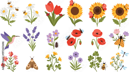Set of Bright Garden Flowers with Bees, Butterflies, Ladybugs, and Pollinators Including Sunflower, Tulip, Lavender, and Wildflowers