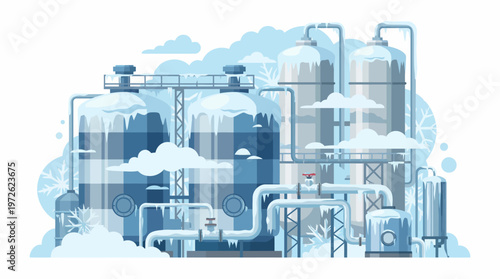 Industrial cryogenic storage tanks and pipelines covered in frost and snow during winter.