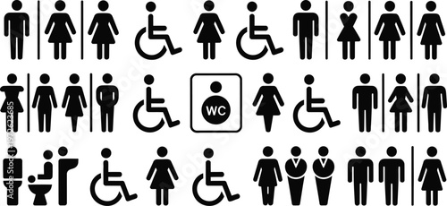 Restroom signs, toilet icons, bathroom symbols, accessible WC pictograms, vector set