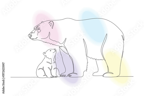 Elegant Continuous Line Drawing of a Mother Polar Bear and Cub, Pastel Colors, Hand-Drawn Style, Illustrating Love and Family Bonds in the Arctic