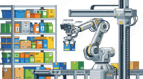 Automated robotic arm precisely picking and placing boxes on a conveyor belt in a modern warehouse setting.