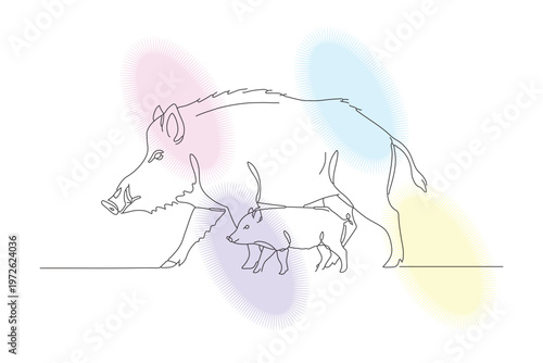 Elegant continuous line drawing of a mother wild boar with her calf, showcasing love and maternal connection in a minimalist style.