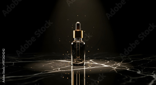 Cosmetic serum bottle illuminated on marble surface with light effects