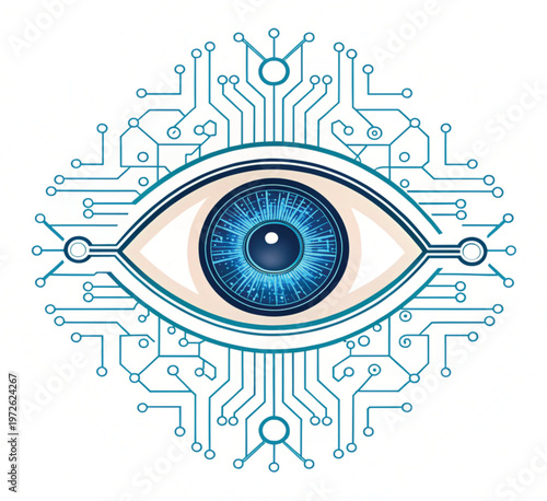 Cybernetic eye with digital circuit board patterns, futuristic bionic eyeball vector, artificial intelligence vision and biometric security concept