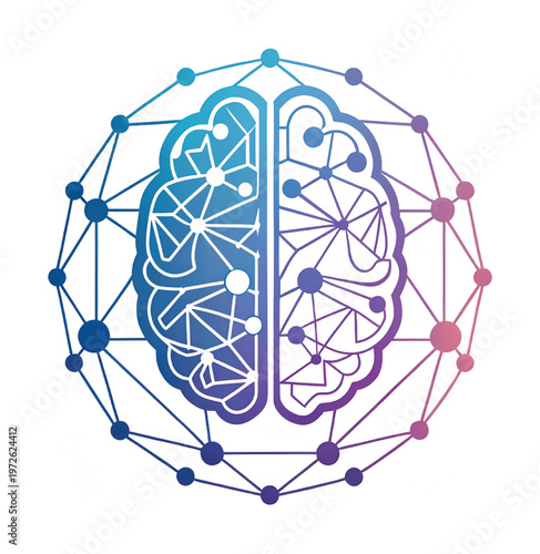 Artificial intelligence brain icon with digital network nodes, human brain neural network vector, blue and purple gradient technology concept