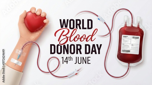 World Blood Donor Day concept with medical bag tube and hand holding heart symbol showing donation awareness healthcare support saving lives campaign design