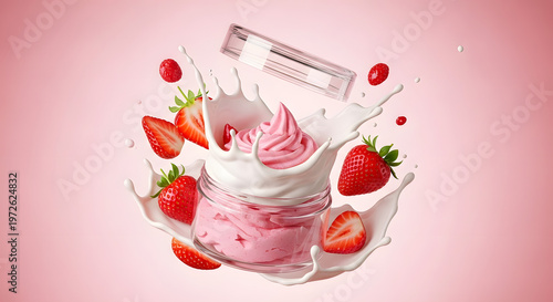 Delicious strawberry dessert with milk splash and transparent background