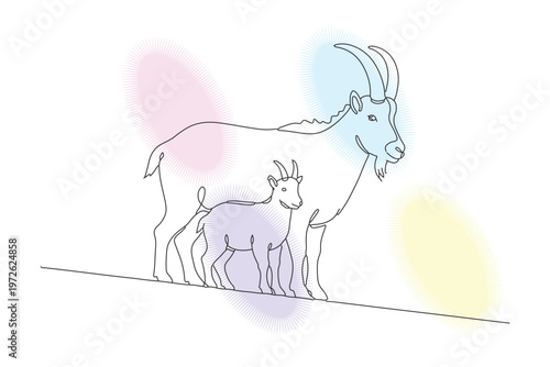 Gentle Connection: A Hand-Drawn Continuous Line Illustration of a Mother Goat and Her Calf, Expressing Love and Nurturing in a Minimalist Style