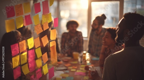 Diverse group of professionals collaborate around a sunlit display of colorful adhesive notes during a brainstorming session