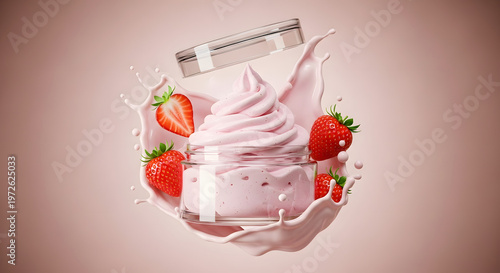 Strawberry cream dessert with splash and fresh fruit on transparent background