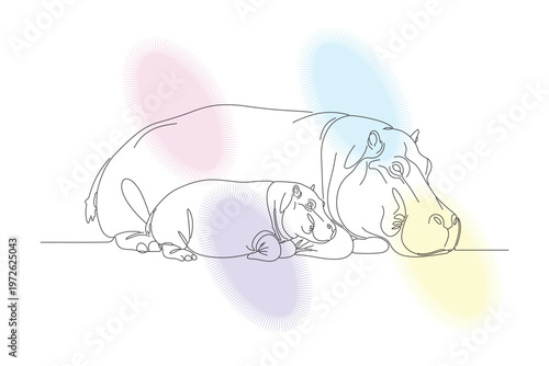 Gentle Hippo Mother and Calf in Continuous Line Art - A Minimalist Hand-Drawn Illustration of Affectionate Wildlife
