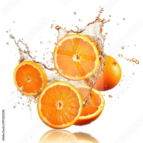 Juicy citrus display. Fresh citrus slices with vibrant pulp and zest textures captured midair