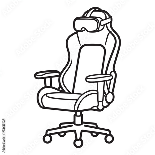 A black line drawing of an office chair with vr headset