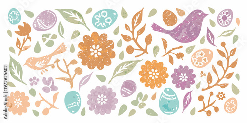 A whimsical illustration of easter eggs birds and blossoming flowers