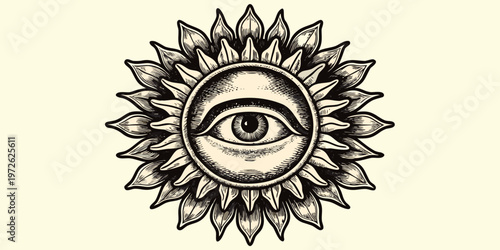 An eye within a sunflower vintage style illustration with intricate detail