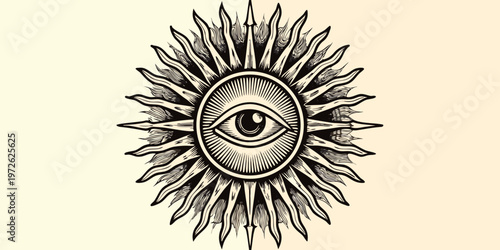An all seeing eye within an oval frame radiating sun like spikes