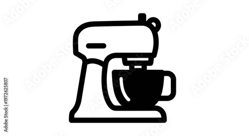 Black and white illustration of a stand mixer with a bowl attached, ready for mixing ingredients in a kitchen setting.