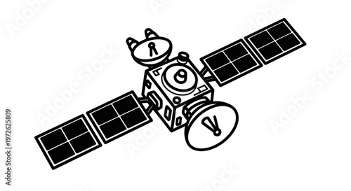 Black and white illustration of a satellite with solar panels extended in space. Detailed design with antennas and instruments visible.