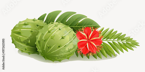 A vibrant illustration of prickly pear cacti and a red hibiscus flower