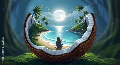 Magical Moonlit Beach Inside Coconut Shell – Dreamlike Fantasy Illustration with Girl