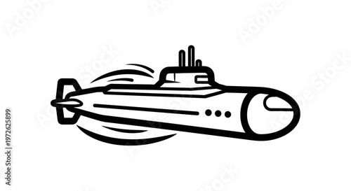 Isolated black-and-white submarine illustration with bold lines and minimalist design. Perfect for military or marine concepts.