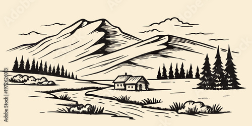 A vintage style illustration of a cabin nestled in a mountainous landscape