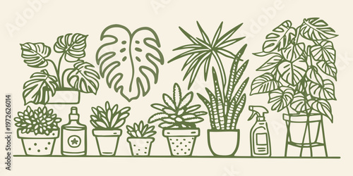A botanical illustration featuring various potted houseplants and gardening tools