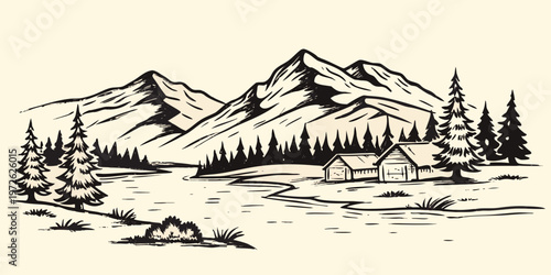 A detailed sketch depicts a cabin nestled among mountains and pine trees