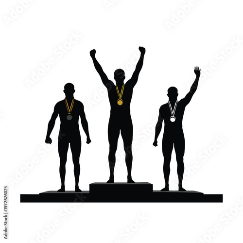Victory podium, sports medal winners, champion trophy, athletic achievement