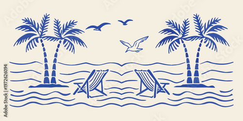 Blue and white illustration of a tropical beach with palm trees and chairs