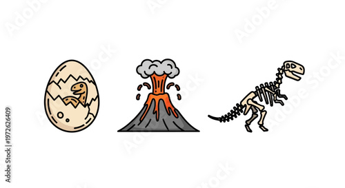 Dinosaur skeleton standing near volcano.