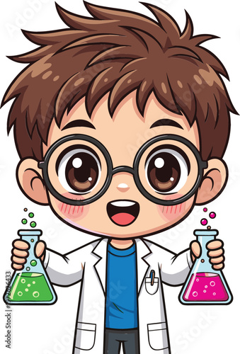 Cute little scientist boy holding chemical flasks, smart kid character with glasses, education and science experiment concept cartoon vector illustration