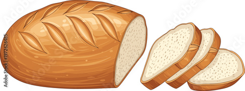Fresh baked bread loaf with sliced pieces, bakery product illustration, wheat flour food concept, realistic crust texture isolated vector on white background