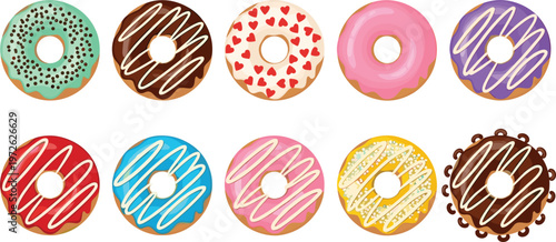 Set of Colorful Vector Glazed Donuts with Chocolate Frosting Pink Icing Sprinkles and Heart Decorations for Bakery Menus and Sweet Dessert BrandingSet of Colorful Vector Glazed Donuts with Chocolate F