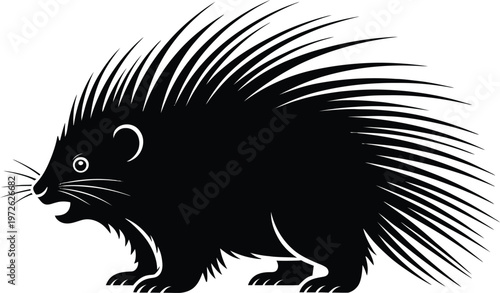 Black porcupine silhouette, prickly animal icon, vector illustration, wildlife symbol